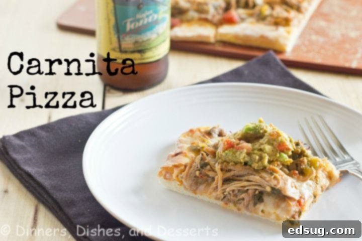 Delicious Carnita Pizza with Guacamole Close-up of a freshly baked Carnita Pizza slice, showcasing the melted cheese, pork carnitas, and a vibrant green guacamole topping.