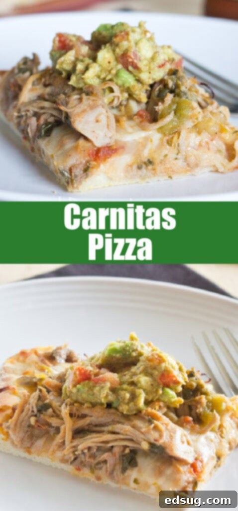 Pork Carnitas Pizza 2 A single slice of Carnita Pizza, garnished with fresh guacamole and cilantro, sitting on a white plate, ready to be enjoyed.