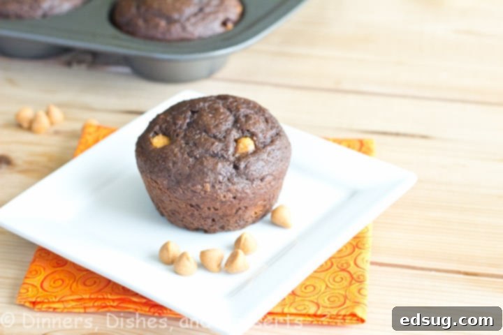 A batch of warm chocolate applesauce muffins cooling on a wire rack, with some artfully arranged on a wooden board