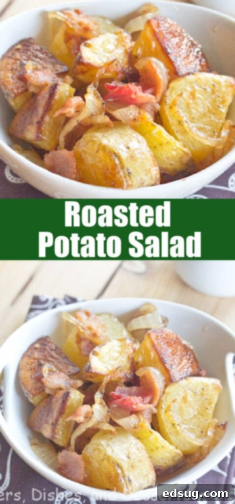 roasted potato salad close up in a white bowl