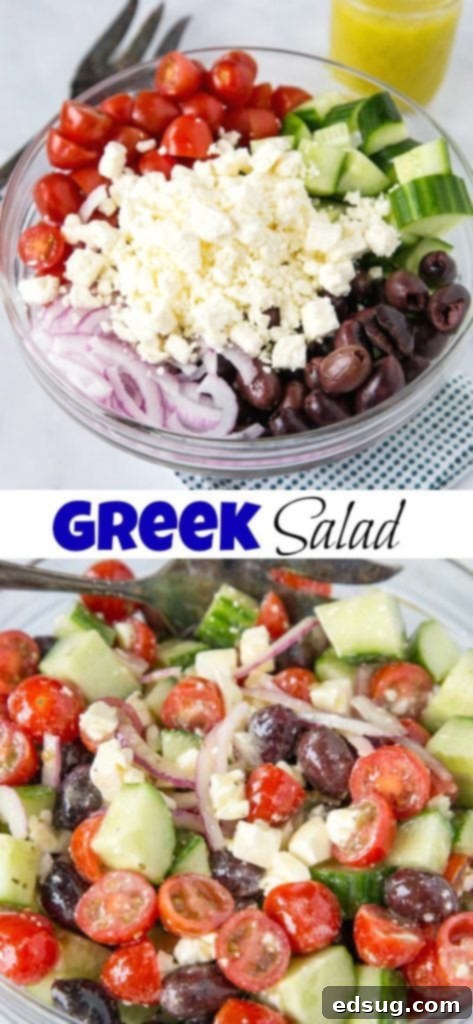 Full bowl of Greek Salad, a vibrant mix of cucumbers, tomatoes, red onions, olives, and feta all tossed in a lemony Greek dressing. Perfect for healthy eating.