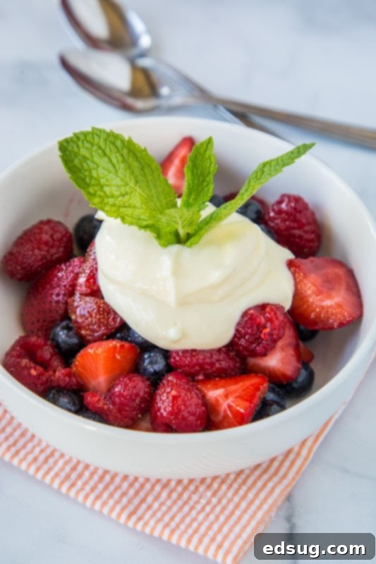 Fresh Berry Medley 3 Berry fruit salad, generously topped with a homemade lemon yogurt sauce and fresh mint garnish.