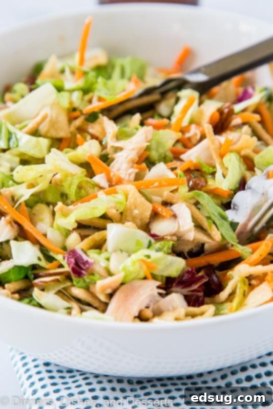 Crispy Asian Chicken Salad 2 Vibrant Chinese Chicken Salad with shredded romaine, cabbage, carrots, rotisserie chicken, crispy wonton strips, and sliced almonds, drizzled with a rich Asian dressing.