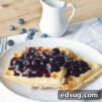 Fluffy Blueberry Waffles 3 blueberry waffles with blueberry sauce