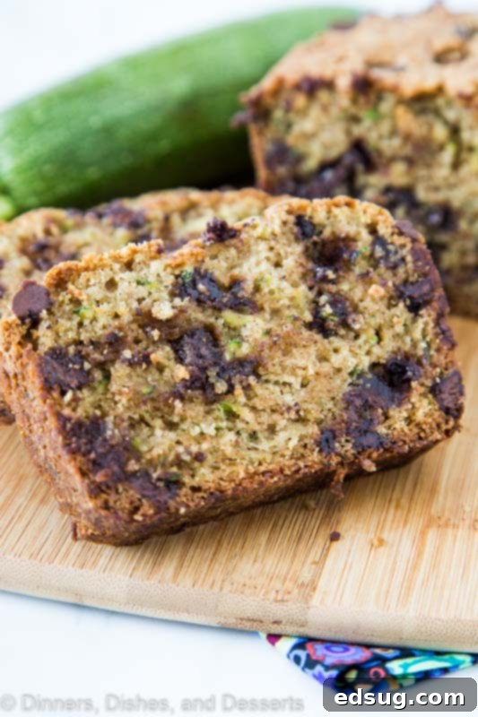 Sliced zucchini bread full of plenty of chocolate chips