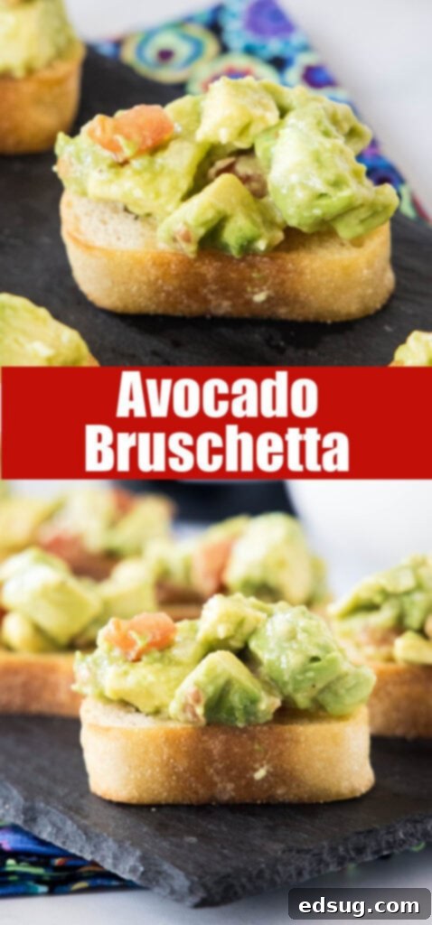 A close-up of a single perfectly prepared avocado bruschetta piece on a wooden board, showcasing its fresh ingredients.