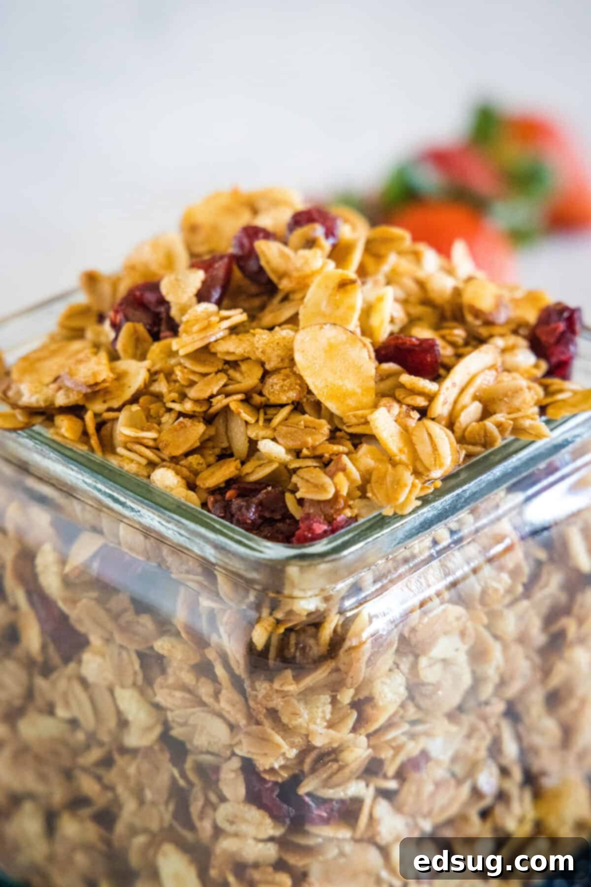 Homemade Vanilla Almond Granola in Jar Close-up view of golden vanilla almond granola in a glass jar, highlighting its texture and components
