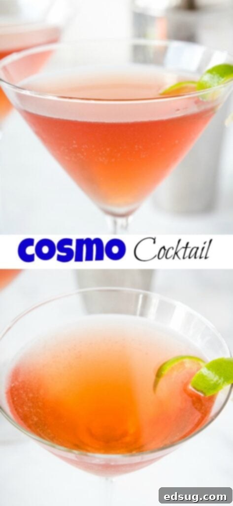 A close-up shot of a single Cosmopolitan cocktail in a martini glass, garnished with a lime twist, against a dark background.