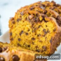 A close up of a piece of pumpkin bread on a plate, showcasing its moist texture and chocolate chips