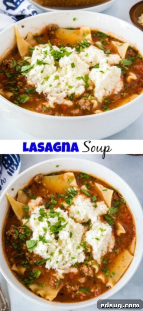 A bowl of hearty lasagna soup with a dollop of creamy cheese topping, ready to be enjoyed.