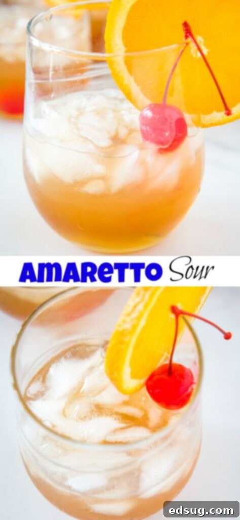 Classic Amaretto Sour Recipe 6 A close-up of a glass of orange juice, with an Amaretto Sour cocktail and a Mai Tai cocktail beautifully arranged in the background.