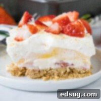 close up strawberry lasagna on a white plate
