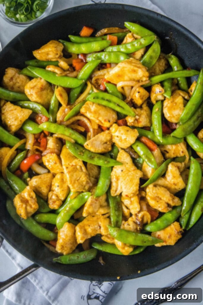 Fiery Chicken Stir Fry 2 Sizzling spicy chicken stir fry in a skillet, ready to be served