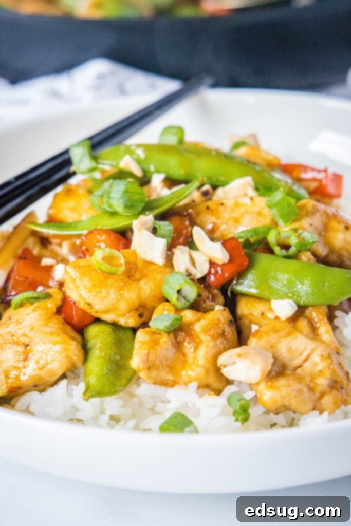 Fiery Chicken Stir Fry 6 Spicy chicken stir fry served over white rice with green onions