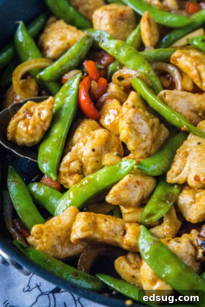 Fiery Chicken Stir Fry 7 Close-up view of spicy chicken stir fry simmering in a skillet, showcasing rich sauce and vibrant ingredients