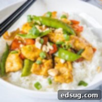 Fiery Chicken Stir Fry 8 white bowl with spicy chicken stir fry over white rice