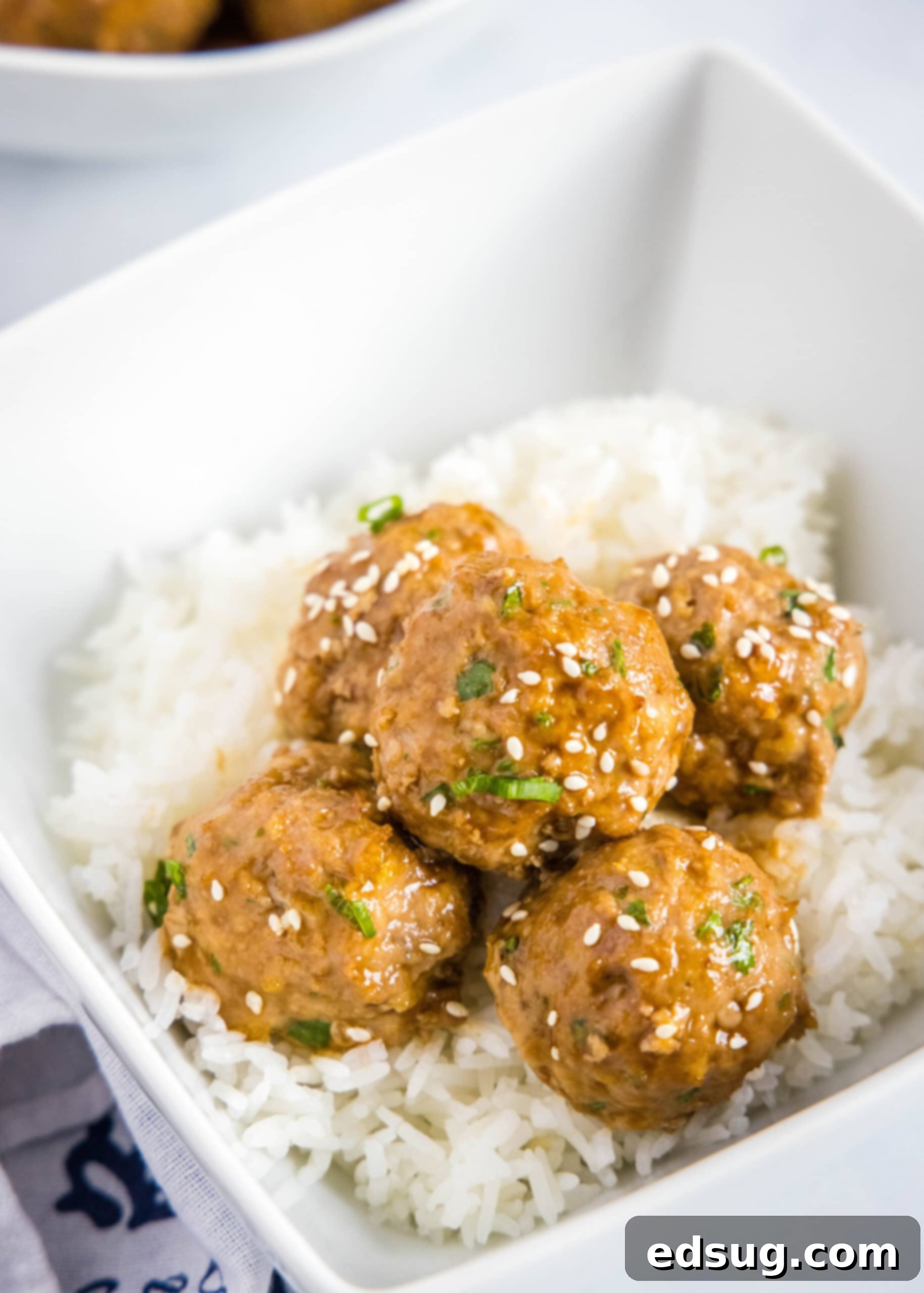 Ground Turkey Meatballs looking down on a bowl of rice topped with meatballs