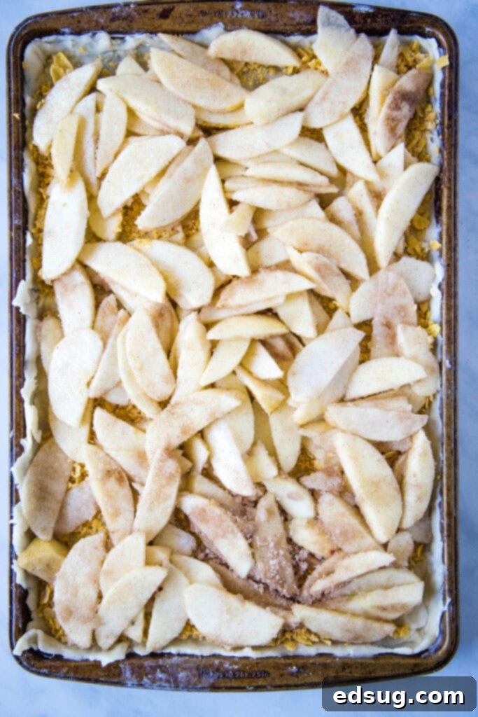 Apple Crumble Bars 4 apples arranged in pie crust for apple bars