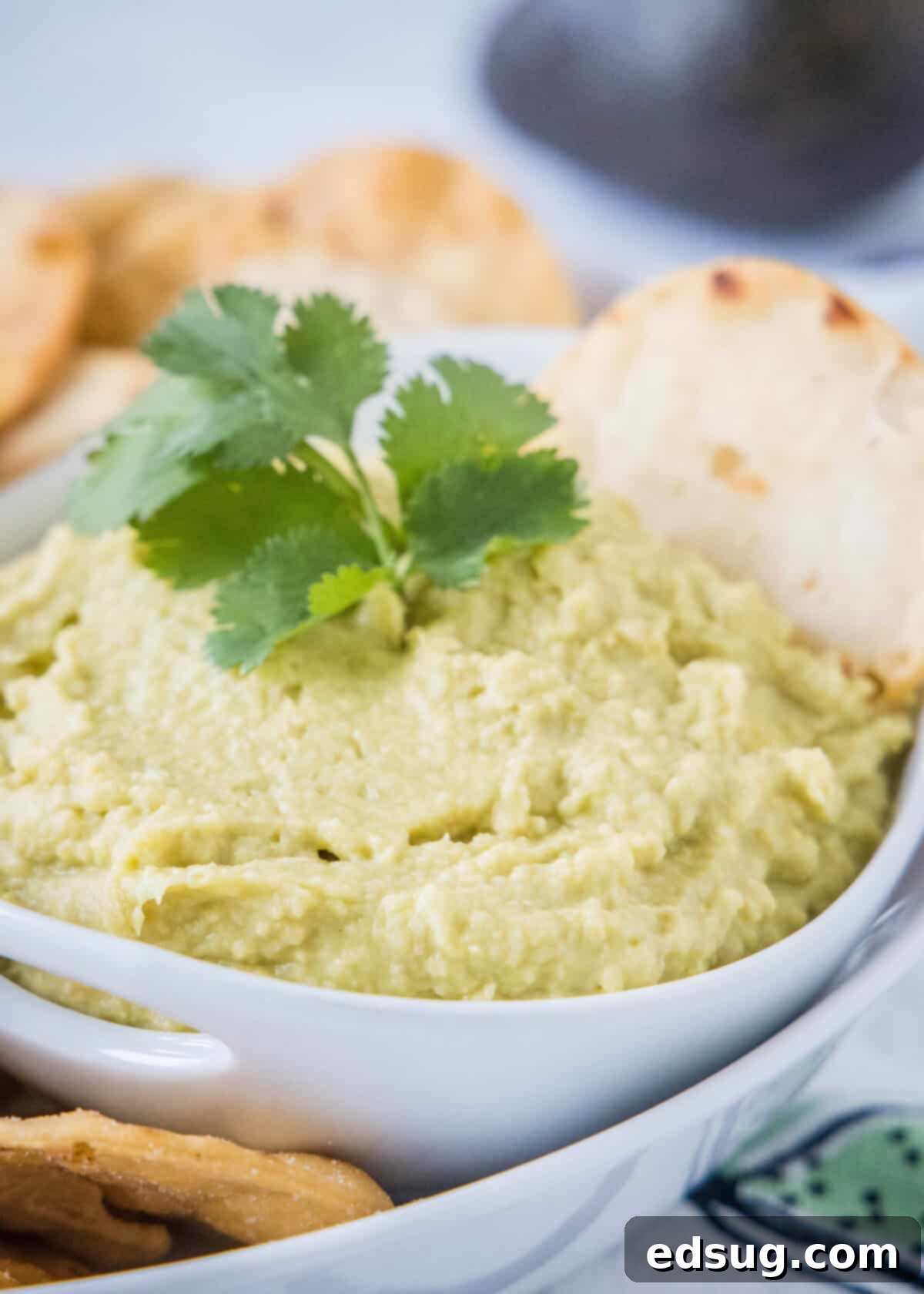 A bowl of creamy avocado hummus with a cracker resting on the side, ready for dipping.