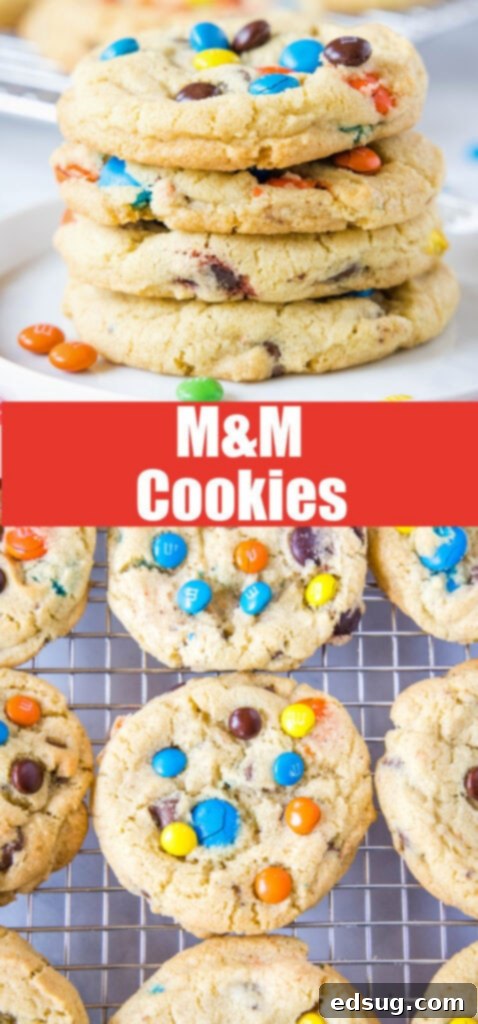 Close up of M&M cookies, perfect for a Pinterest collage, highlighting their vibrant colors and perfect bake