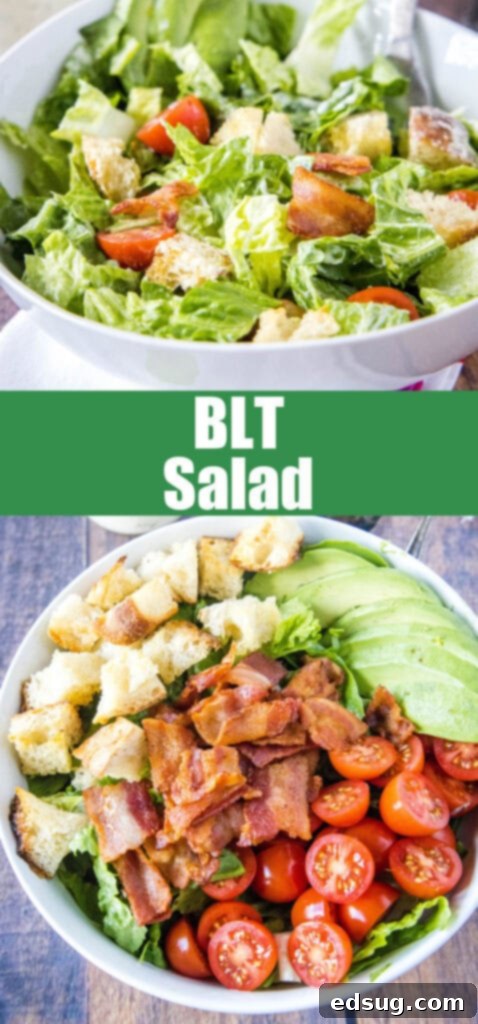Close-up of a BLT salad in a bowl, showcasing the rich ingredients, perfect for sharing on Pinterest.