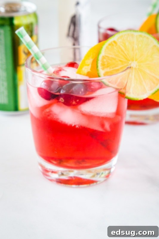 Crimson Gin Delight 2 A festive Cranberry Gin Cocktail garnished with orange slice, lime, and fresh cranberries, perfect for holiday gatherings