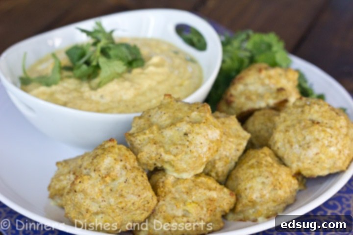 Meatball Masala 3 Close-up of baked Indian chicken meatballs with a side of yogurt dip and fresh cilantro