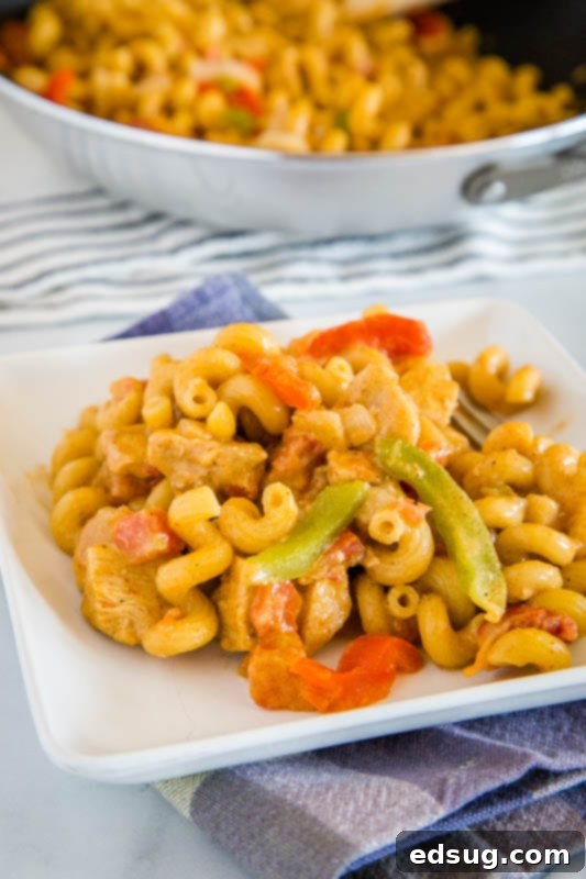 Love this creamy chicken pasta with a fun Mexican twist, featuring colorful vegetables.