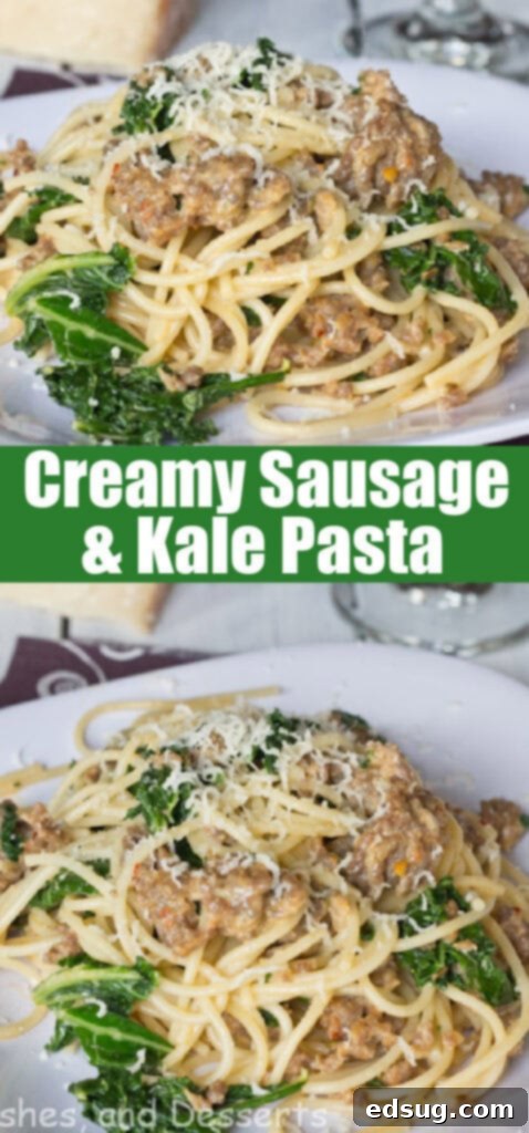 Close-up of pasta with kale and sausage on a white plate, garnished with fresh herbs