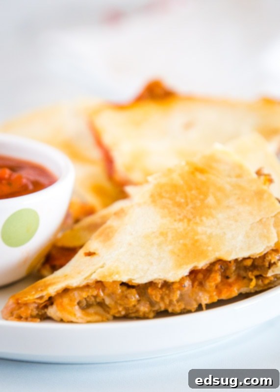 A hand holding a slice of Pizza Quesadilla, showcasing its melted cheese and rich toppings.