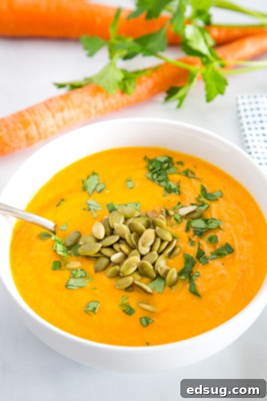 Easy soup recipe with carrots, ginger, garlic, and turmeric. Easy to make vegetarian or vegan.