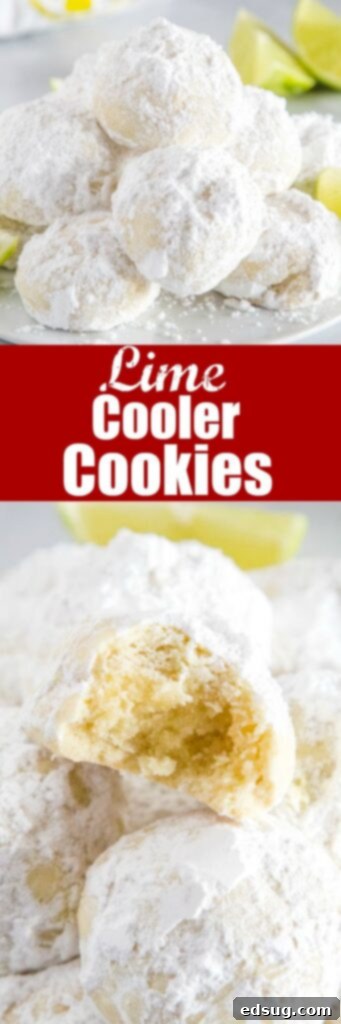 Zesty Lime Cooler Cookies 5 A stack of perfectly round, powdered sugar-dusted Lime Cooler Cookies on a rustic wooden surface.