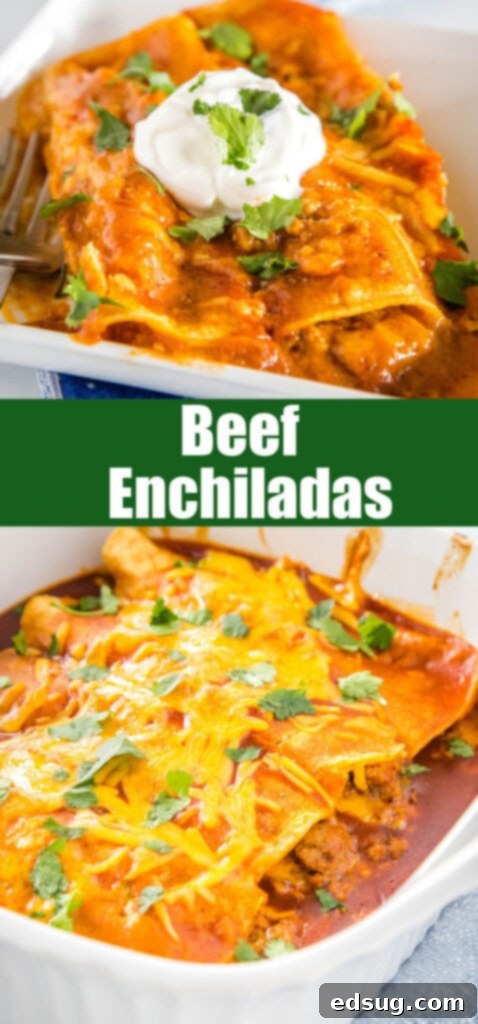 A beautifully presented close-up of cheesy beef enchiladas, ready to be enjoyed.