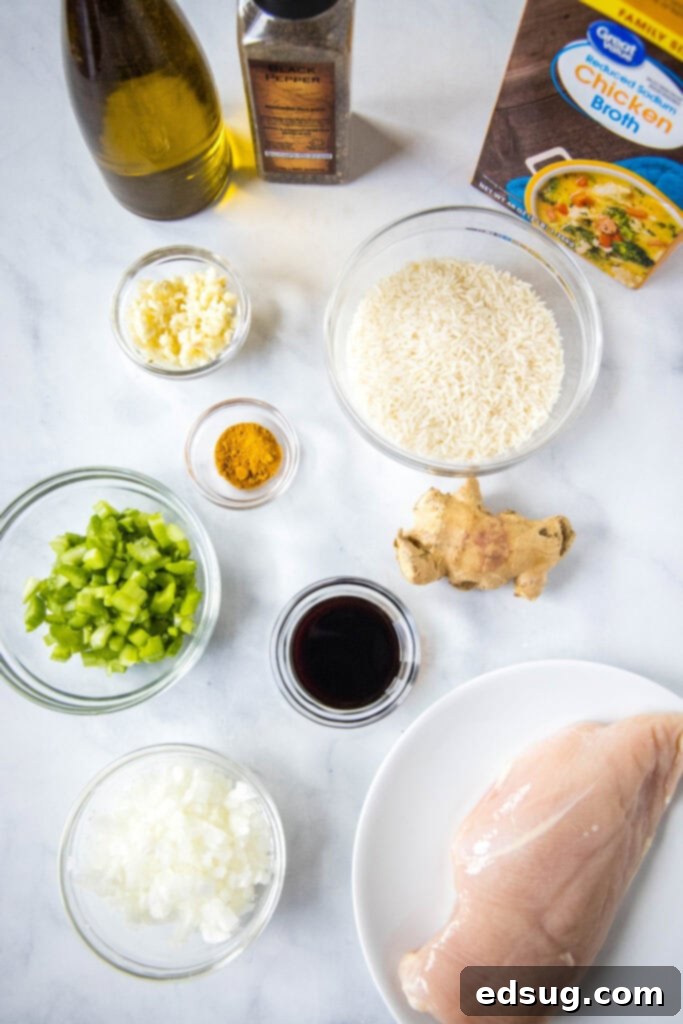 Fresh ingredients laid out for Ginger Chicken Soup: ginger root, garlic cloves, onion, celery, chicken breasts, and turmeric.