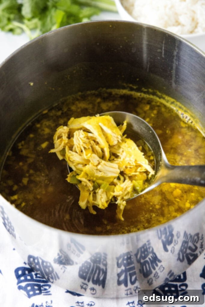 Chef's hand stirring a large pot of ginger chicken soup, revealing chunks of chicken, rice, and vegetables.