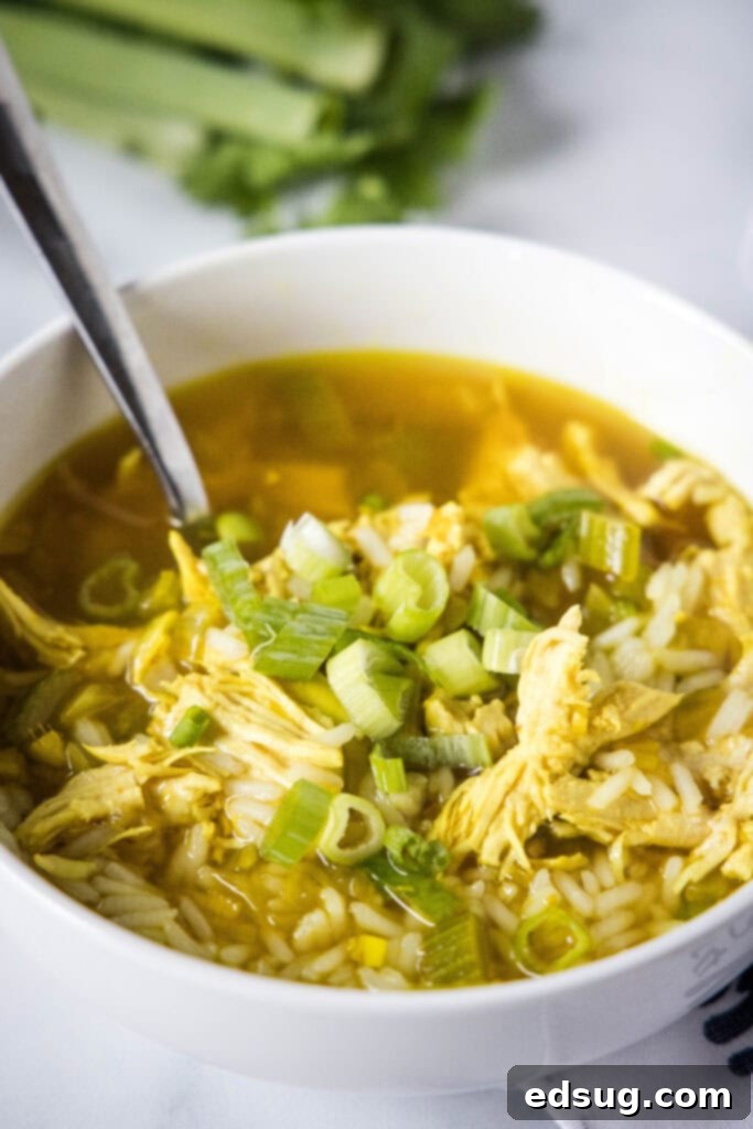 A large white bowl brimming with Ginger Chicken Soup, featuring shredded chicken, rice, and topped with fresh herbs.