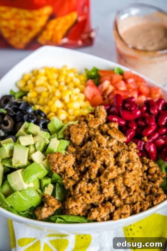 Dorito Fiesta Salad 2 Taco salad with beans, tomatoes, corn, avocado, black olives, taco meat, and cheese Doritos