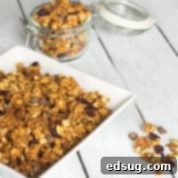 A circular image of pumpkin spiced granola in a bowl