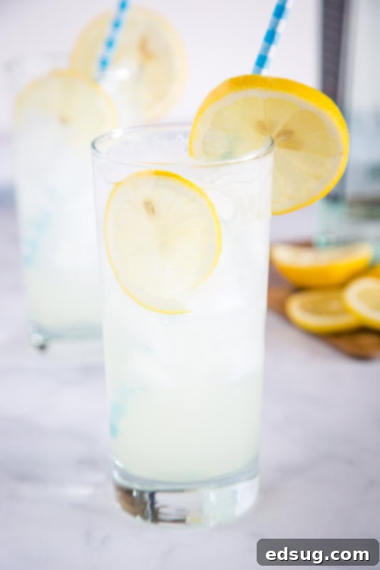 A refreshing Tom Collins cocktail in a tall glass, garnished with a lemon slice and ready to enjoy. Made with gin, fresh lemon juice, simple syrup, and club soda.