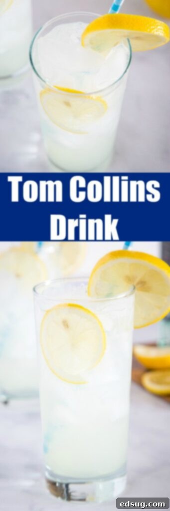 A close-up shot of a single Tom Collins cocktail in a tall, slender glass, garnished with a spiral lemon peel, highlighting its elegance and frosty appearance.