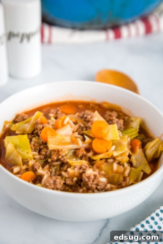 Deconstructed Cabbage Roll Soup 4 A large pot of cabbage roll soup simmering on the stove, ready to be served.