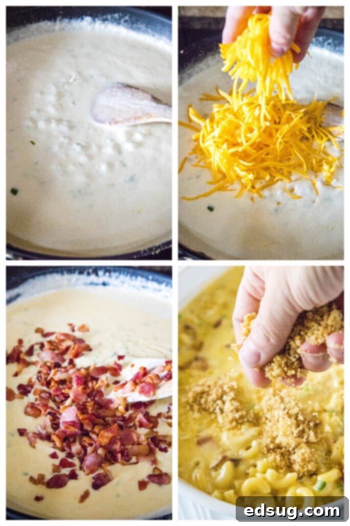 A step-by-step collage showing the process of making the creamy cheese sauce for macaroni and cheese, from melting butter to whisking in cheese.