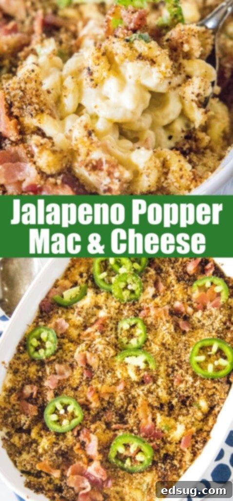 Close-up overhead shot of bubbling Jalapeño Popper Mac and Cheese with crispy topping for a tantalizing Pinterest image.