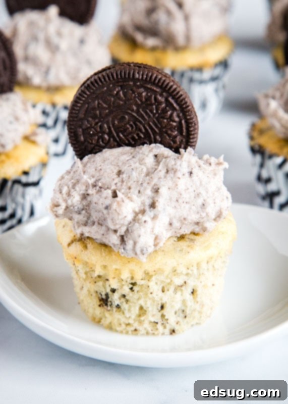 Oreo Delight Cupcakes 4 A tray of freshly baked Cookies and Cream Cupcakes with vanilla cake and fluffy Oreo frosting.