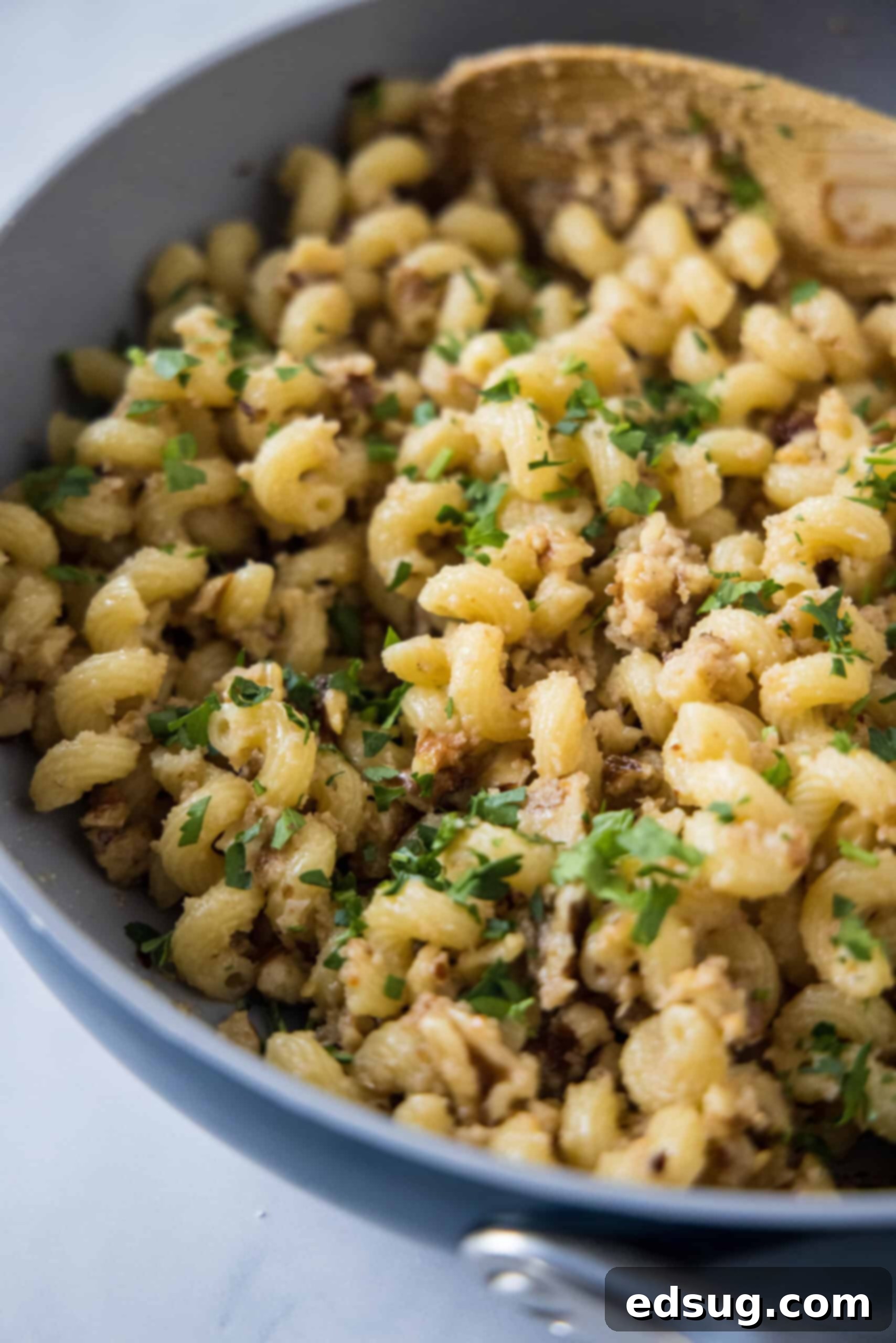 This toasted walnut pasta is an easy, flavorful, and filling 15-minute pasta recipe with crunchy walnuts, breadcrumbs, garlic, and chili. Close-up of toasted walnut pasta in a skillet, ready to be served, with a wooden spoon.