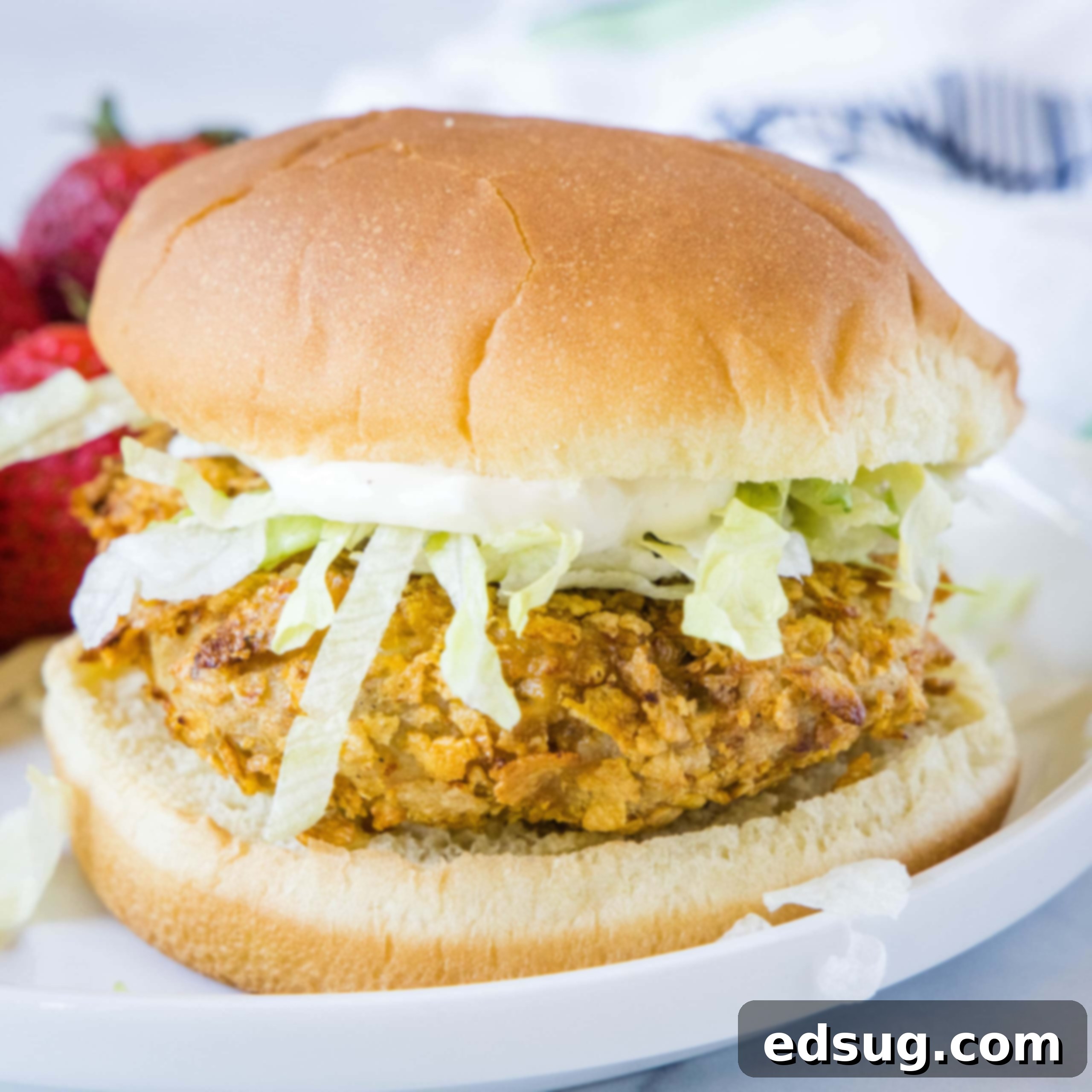 close up crispy chicken sandwich