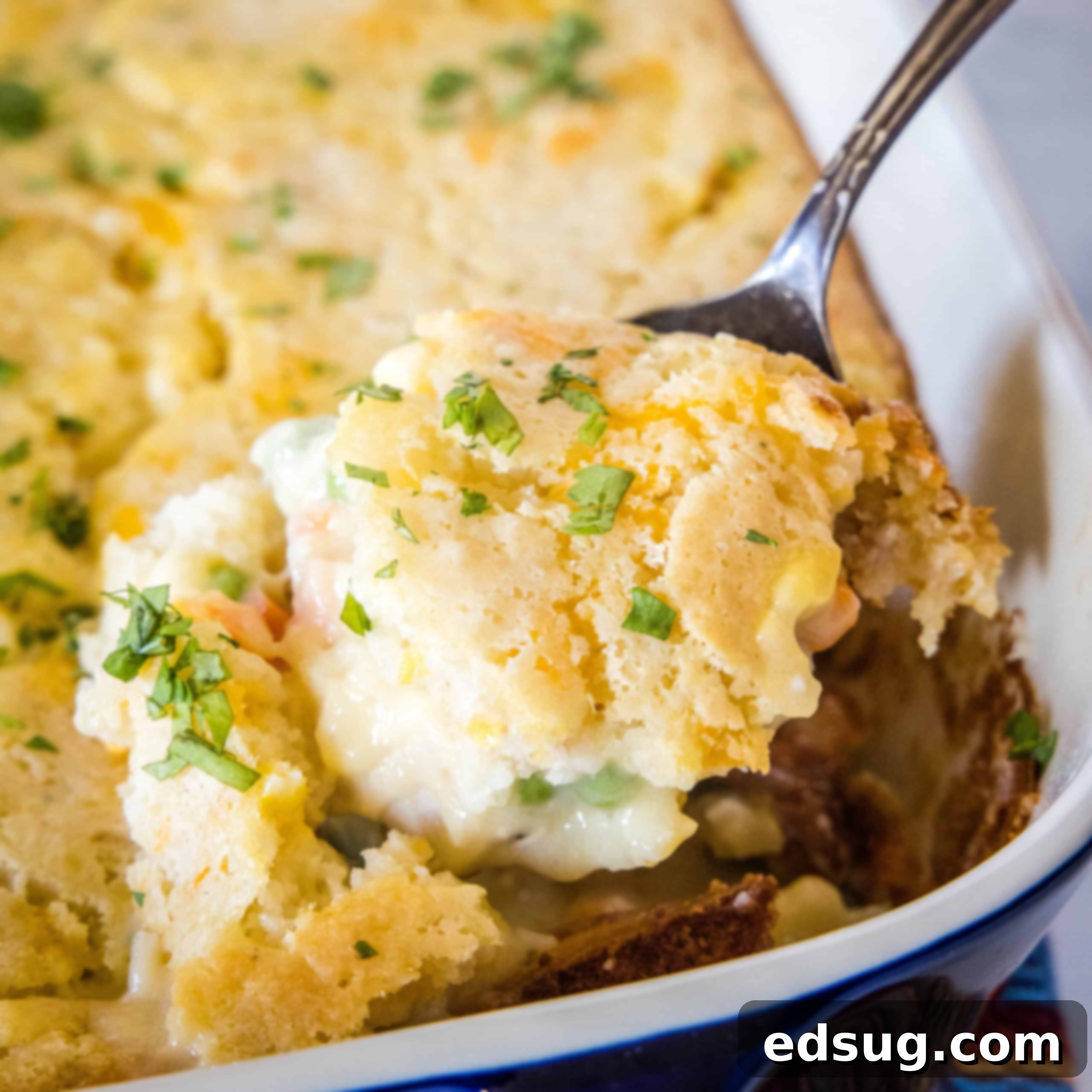 A spoon scooping a serving of chicken cobbler from the corner of a casserole dish.