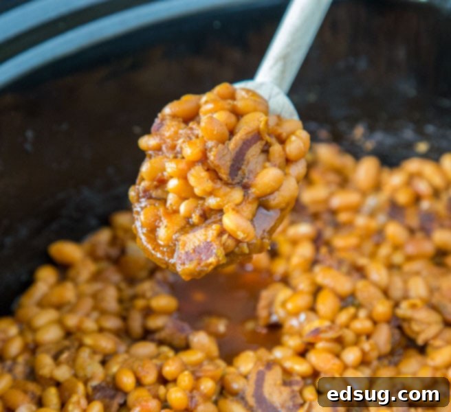A crock pot with baked beans