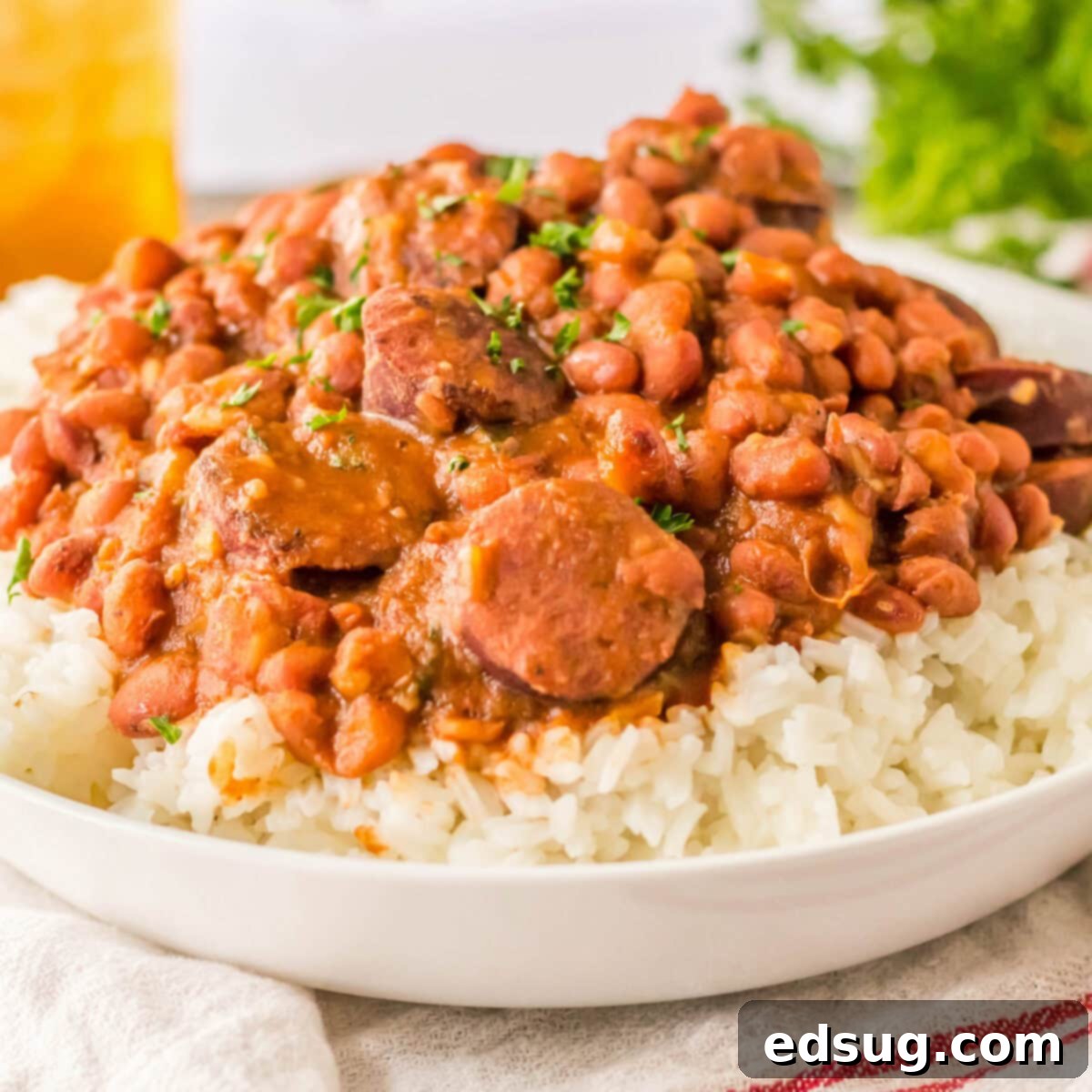 View from the side of a plate of red beans and sausage on rice.
