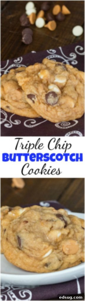 Soft and Chewy Butterscotch Pudding Triple Chip Cookies - An easy and popular cookie recipe for any occasion! #cookies #baking #puddingcookies #butterscotch #dessert A small pile of butterscotch pudding triple chip cookies